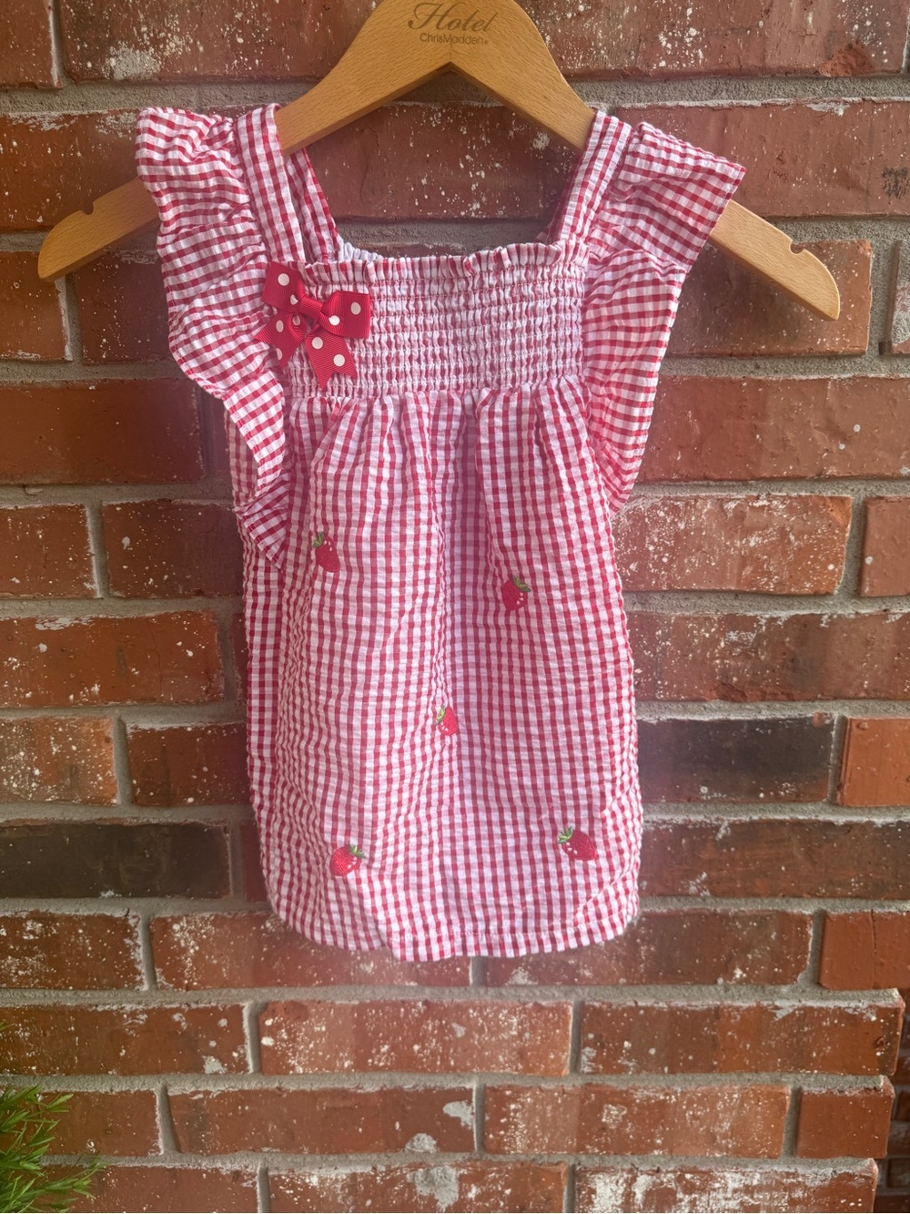 Rare Editions Red Gingham Strawberry Dress with Polka Dot Bow